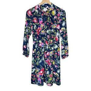 J.Crew Navy Floral Long Sleeve Tie Neck Dress Elastic Waist XS Spring
